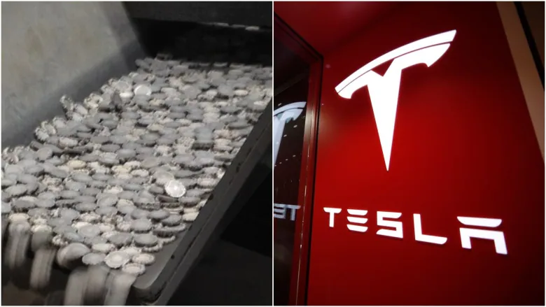 Foto berdampingan menunjukkan nikel di sebelah kiri dan logo Tesla di sebelah kanan. 